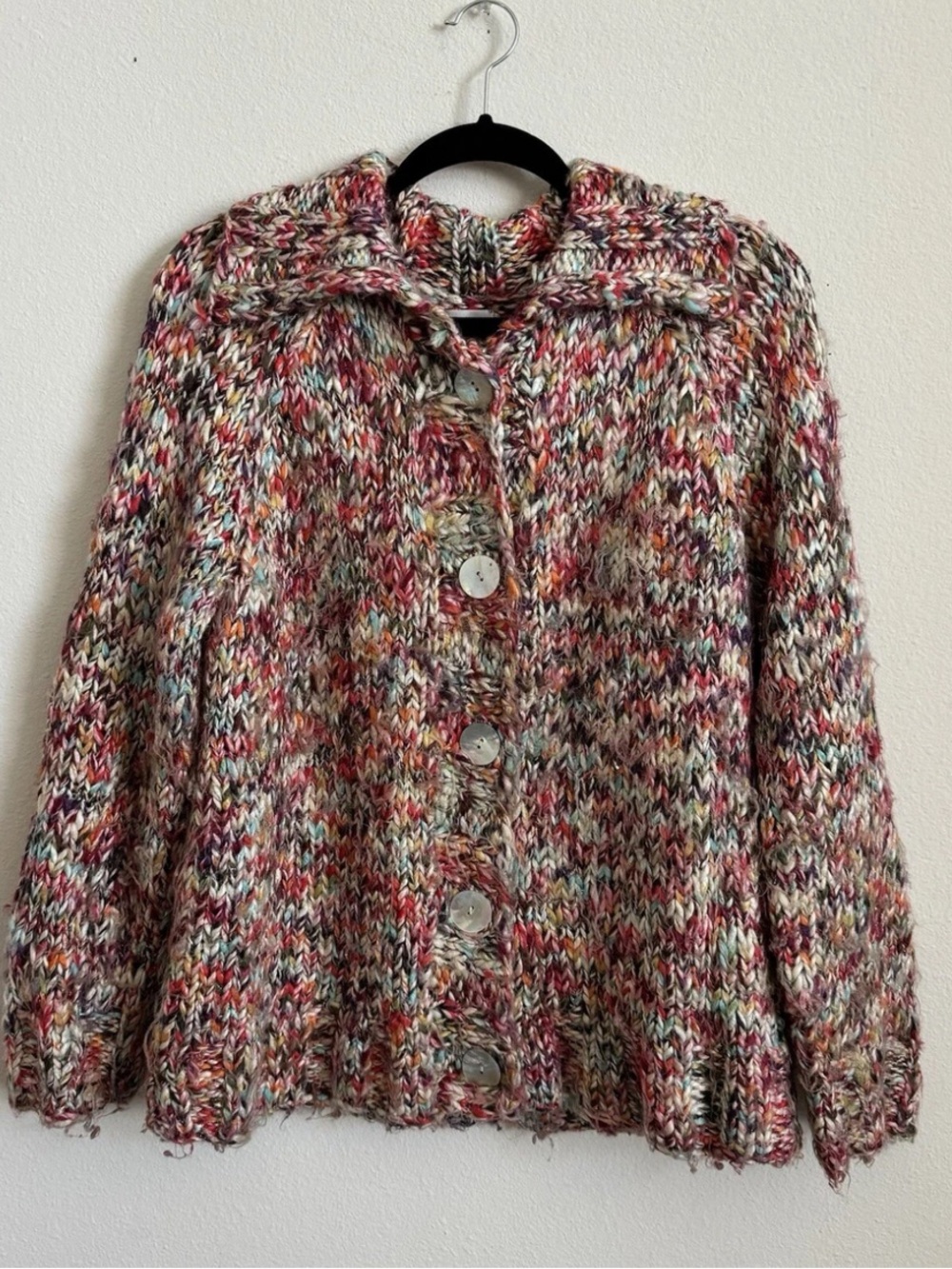 Chicos Chucky Knit Collard Sweater Cardigan Multi Color Metallic Pink Red Size 2